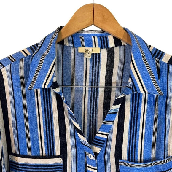 Kori Striped Romper Medium Blue White Black Striped Pockets Drawstring Waist - Picture 3 of 7